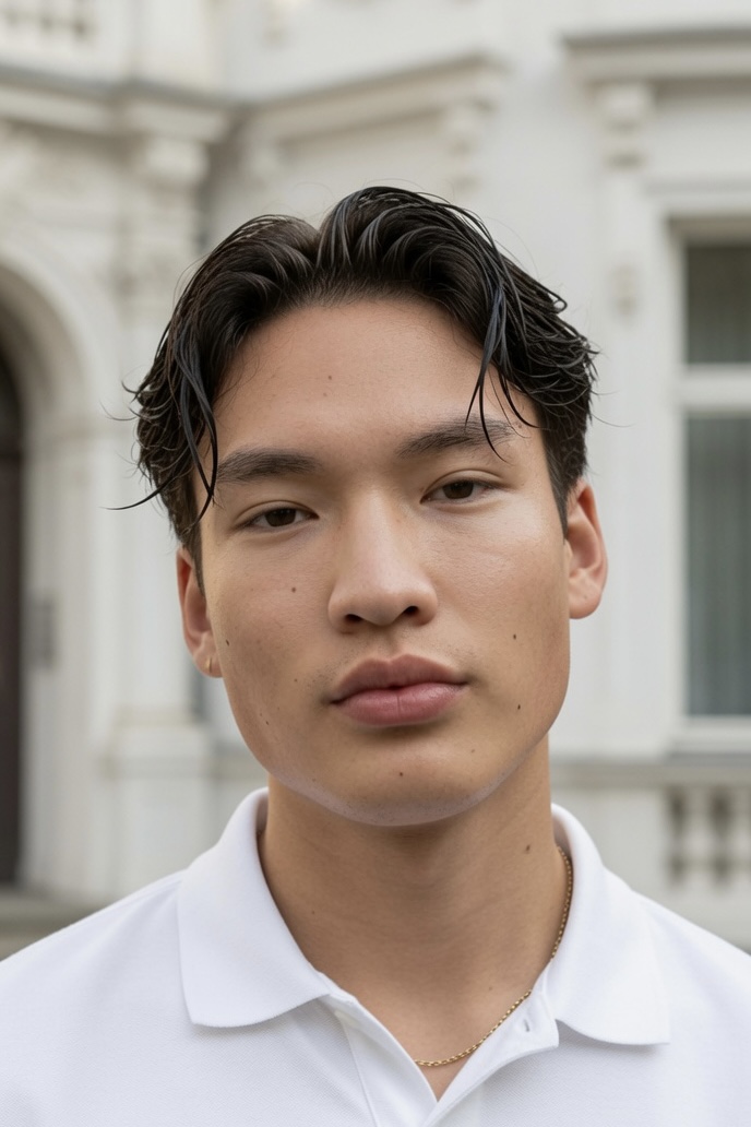 Nahaufnahme eines jungen Mannes mit dunkelbraunem, leicht feuchtem Haar im Mittelscheitel, weißem Poloshirt und goldener Halskette vor einer hellen Altbaufassade.